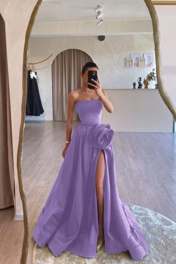 Designs Strapless High Split Ruched Satin Flower Long Prom Dress