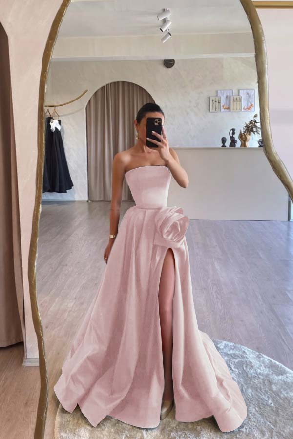 Designs Strapless High Split Ruched Satin Flower Long Prom Dress