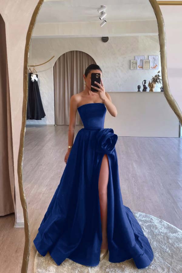 Designs Strapless High Split Ruched Satin Flower Long Prom Dress