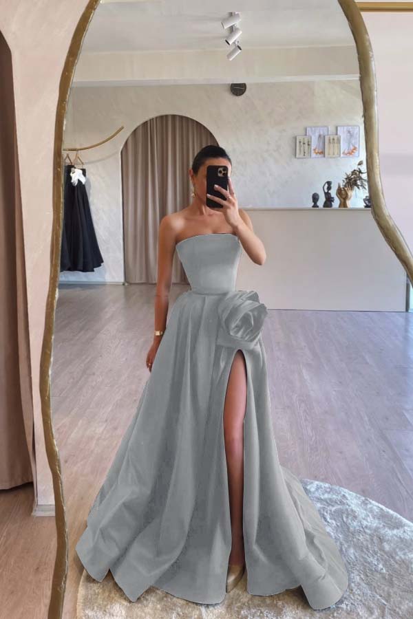Designs Strapless High Split Ruched Satin Flower Long Prom Dress