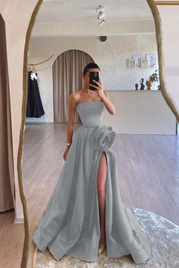Designs Strapless High Split Ruched Satin Flower Long Prom Dress