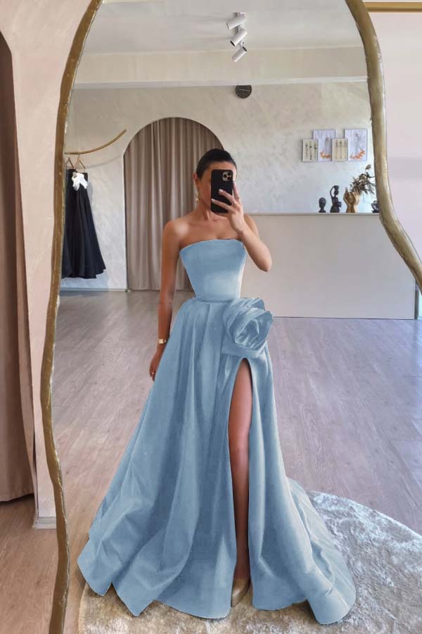 Designs Strapless High Split Ruched Satin Flower Long Prom Dress