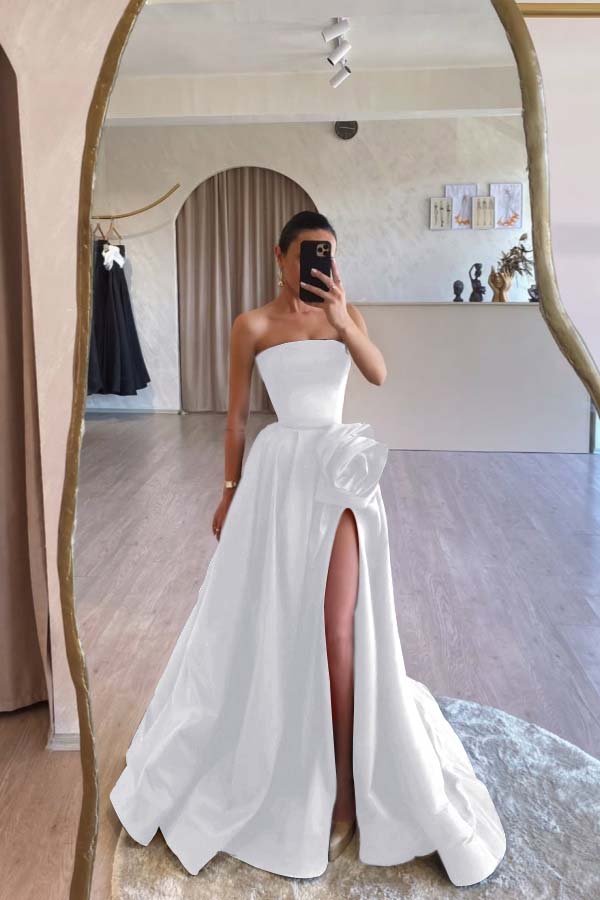 Designs Strapless High Split Ruched Satin Flower Long Prom Dress