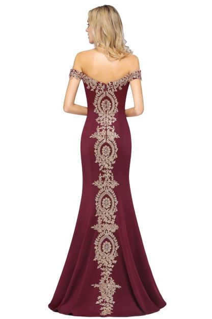 Simple Off-the-shoulder Burgundy Formal Dress with Lace Appliques