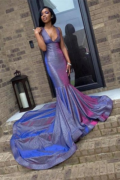 Sexy Deep V-Neck Sleeveless Prom Dresses | 2021 Halter Memaiad Sequins Evening Gowns