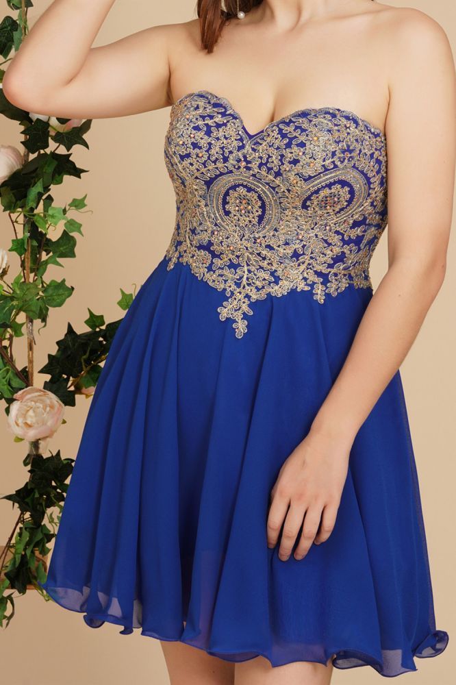Royal blue Sweetheart Gold Appliques Homecoming Dress