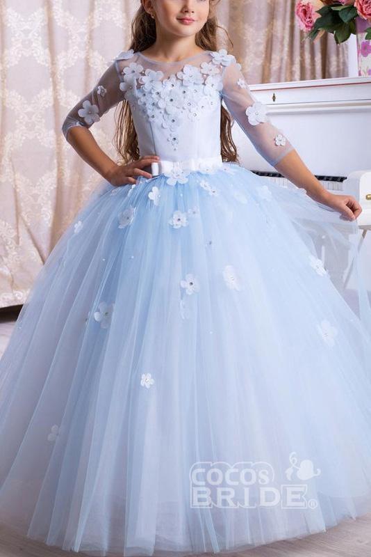 Half sleeves Sky blue Tulle Flower Girl Dresses