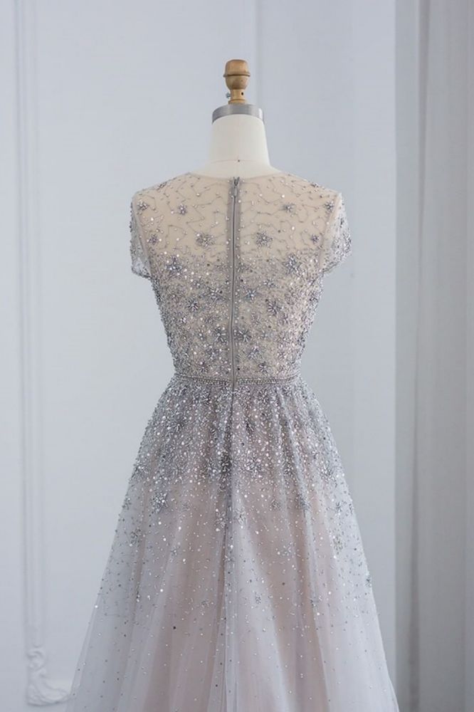 Elegant Jewel Cap Sleeves Formal Dress Shiny Beading Eveing Dress with Zipper