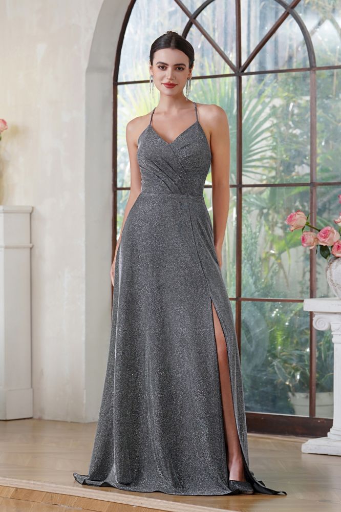 Halter Sparkly Sequins Floor Length Evening Dress V-neck Side Split Party Dresses with Pockets