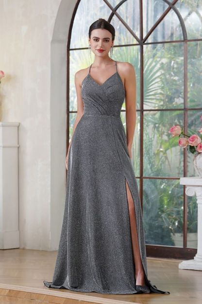 Halter Sparkly Sequins Floor Length Evening Dress V-neck Side Split Party Dresses with Pockets