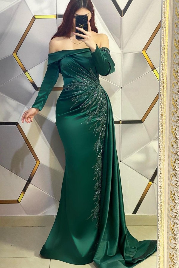 Dark Green Long Sleeves Off the Shoulder Satin Prom Dress with Ruffles