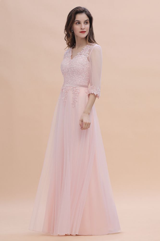 Romantic 3/4 Sleeves Pink Wedding Guest Dress Lace Appliques