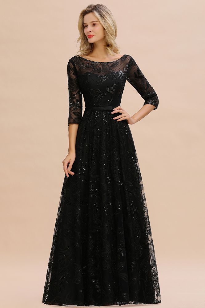 Acacia | Scoop neck Long Sleeves Black Prom Dresses with Sparkly Floral Designs