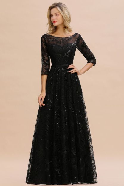 Acacia | Scoop neck Long Sleeves Black Prom Dresses with Sparkly Floral Designs