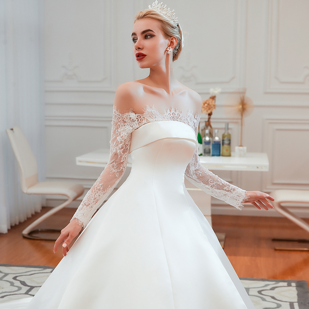 Romantic Lace Long Sleeves Princess Satin Wedding Dress | Princess Bridal Gowns with Cathedral Train