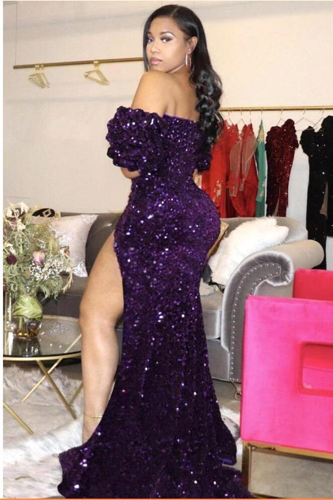 Shimmers Black Sequins V-neck Off-the-shoulder Asymmetrical Column Prom Dresses