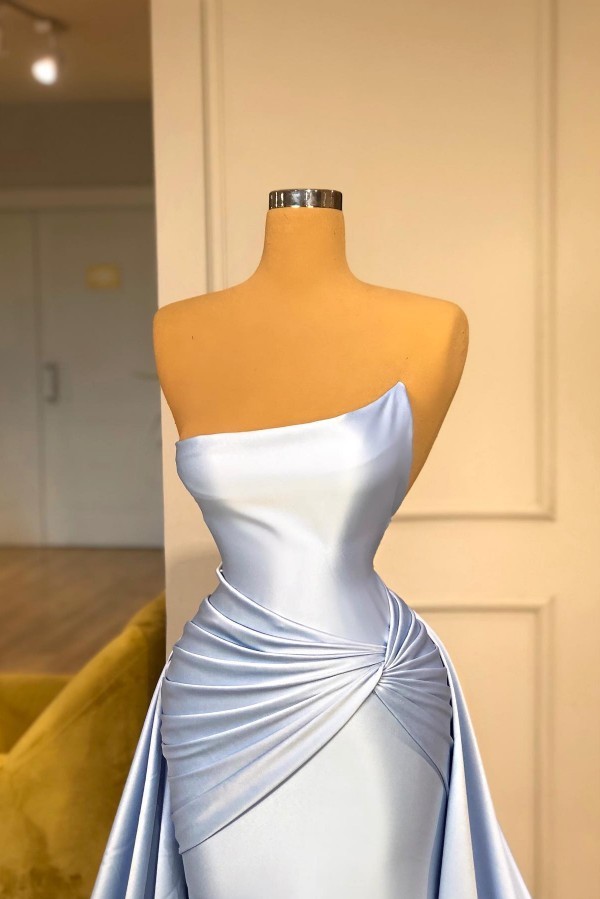 Light Blue Strapless Floor Length A-Line Satin Prom Dress