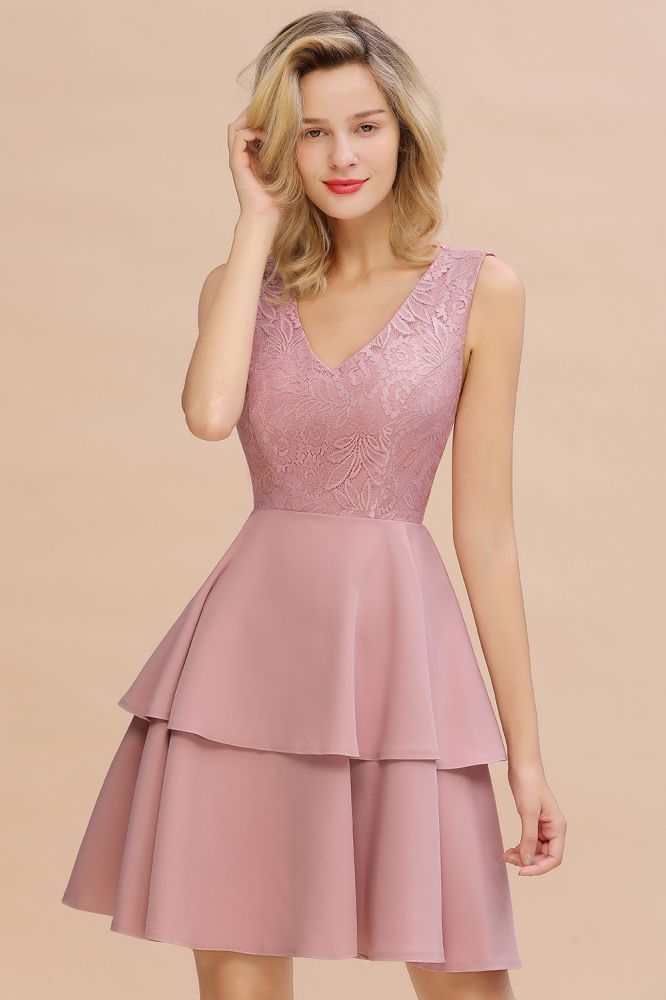 Sexy V-neck V-back Knee Length Homecoming Dresses with Ruffle Skirt | Burgundy, Navy, Pink Dress for Homecoming-Babyonlinewholesale