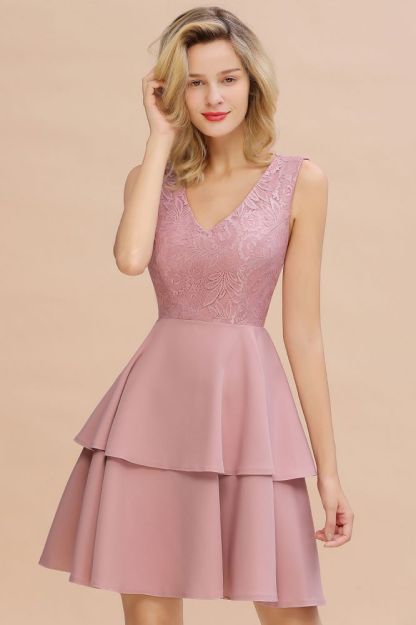 Sexy V-neck V-back Knee Length Homecoming Dresses with Ruffle Skirt | Burgundy, Navy, Pink Dress for Homecoming-Babyonlinewholesale