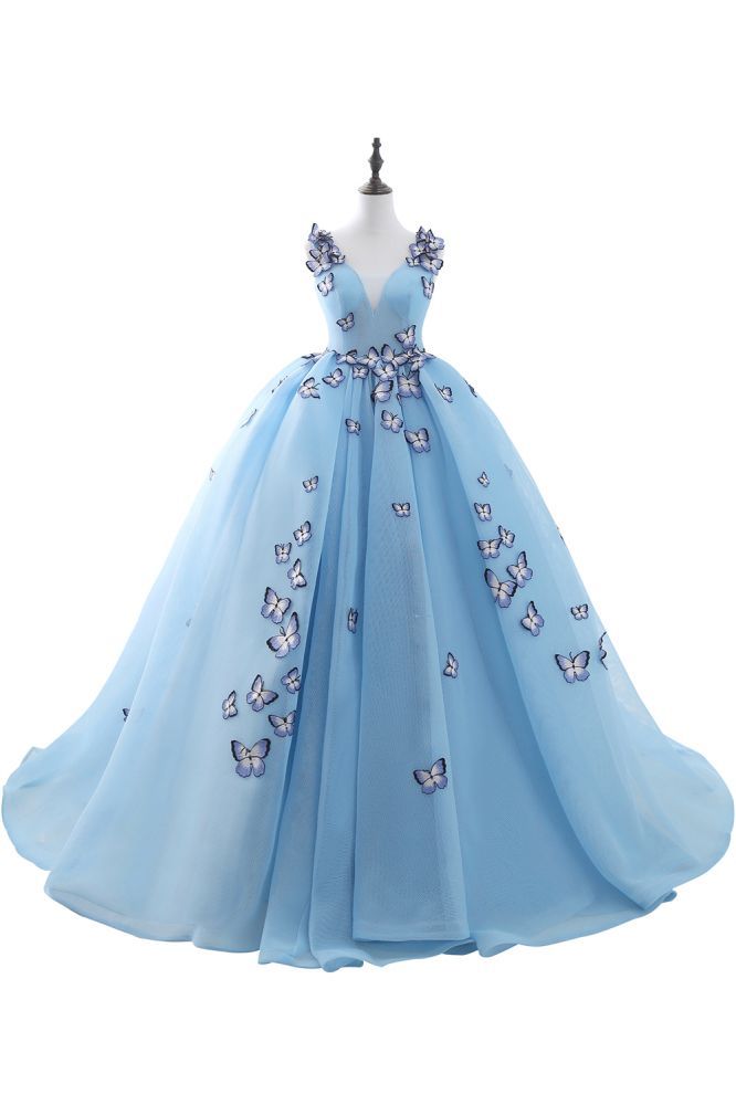 BREANNA | Princess V Neck Chapel Train Chiffon Sky Blue Prom Dresses With Butterfly Applique