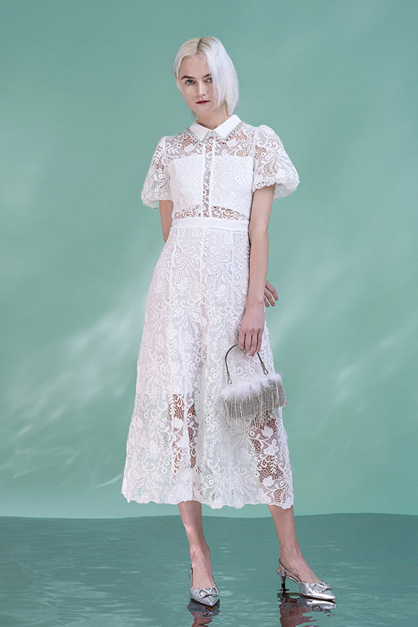 White Short Sleeves Long A-Line Lace Dresses