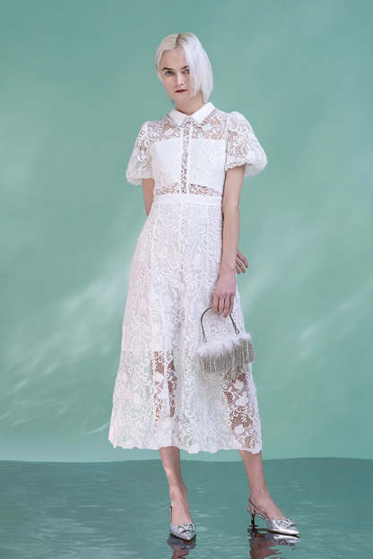 White Short Sleeves Long A-Line Lace Dresses