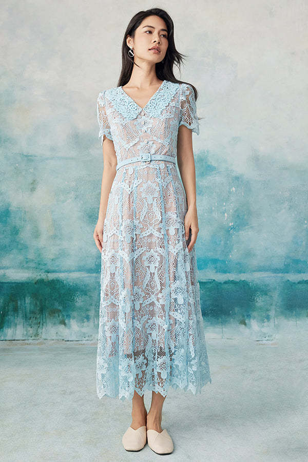 V-Neck Blue Lace A-Line Long Dresses