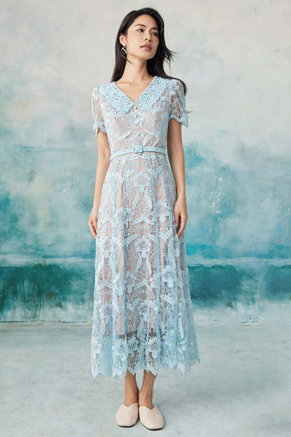 V-Neck Blue Lace A-Line Long Dresses