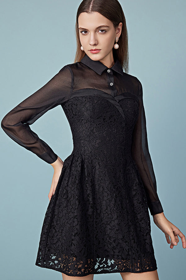 Black A-Line Short Lace Dresses with Long Sleeves