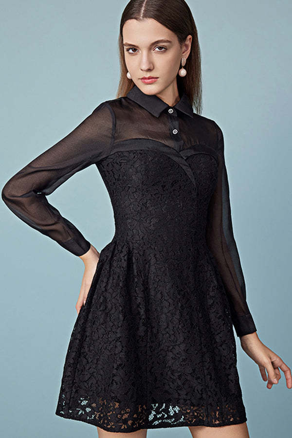 Black A-Line Short Lace Dresses with Long Sleeves