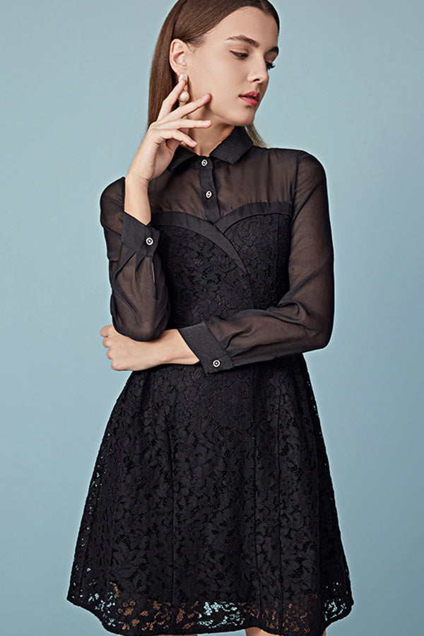 Black A-Line Short Lace Dresses with Long Sleeves