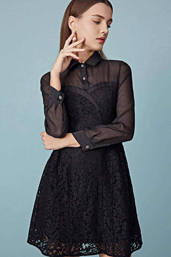 Black A-Line Short Lace Dresses with Long Sleeves