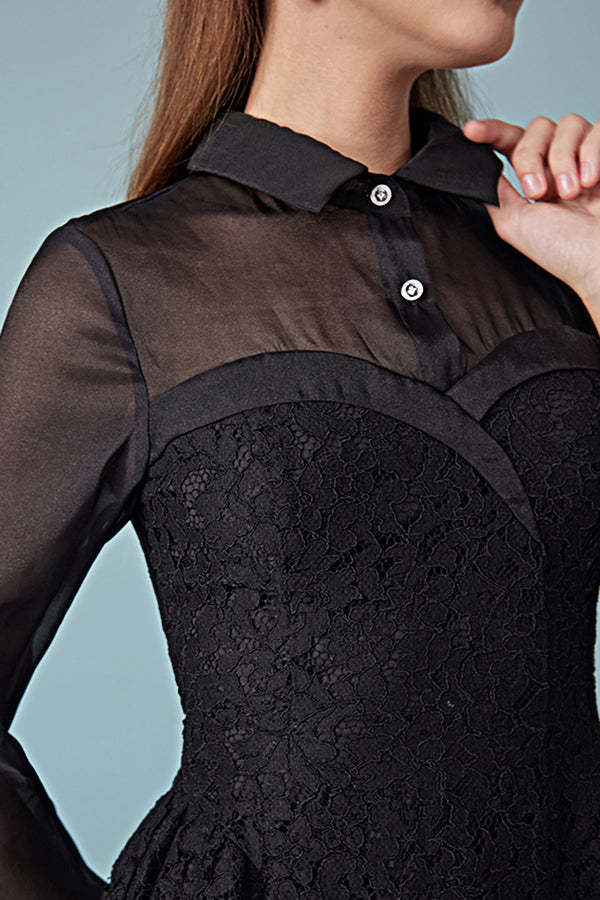 Black A-Line Short Lace Dresses with Long Sleeves