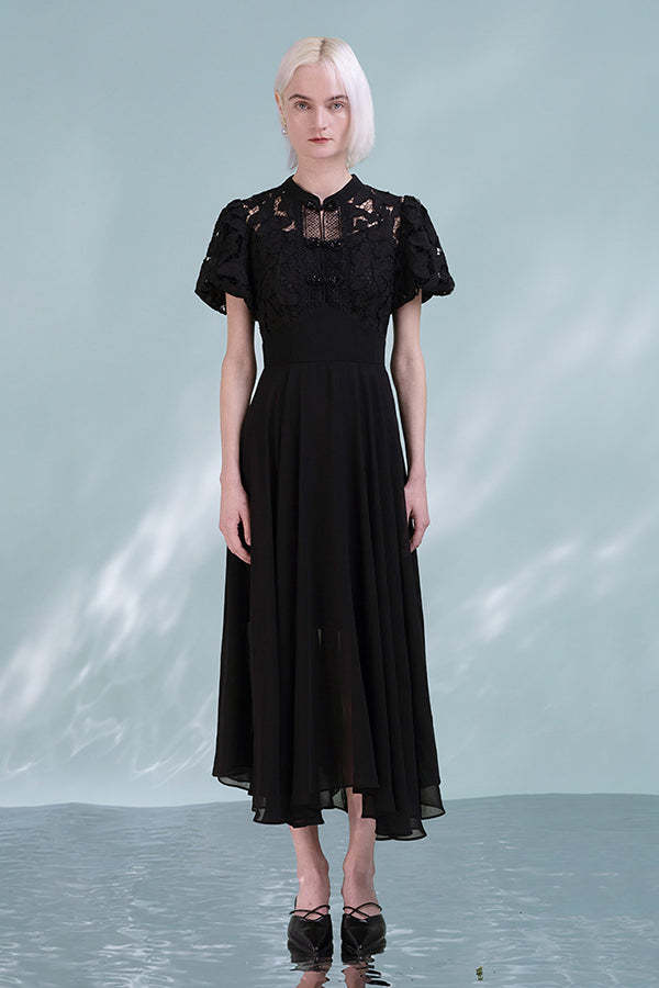 Black A-Line Dresses Short Sleeves with Applique