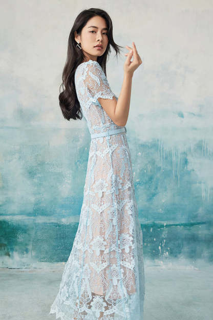 V-Neck Blue Lace A-Line Long Dresses