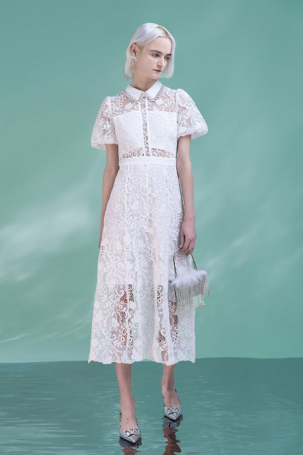 White Short Sleeves Long A-Line Lace Dresses