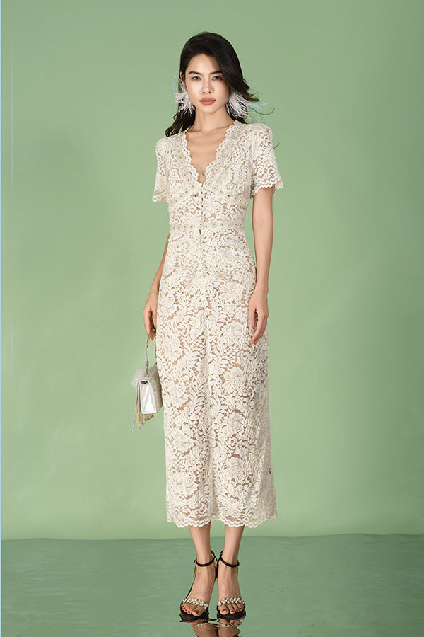 V-Neck Ivory Lace Long Dresses Short Sleeves