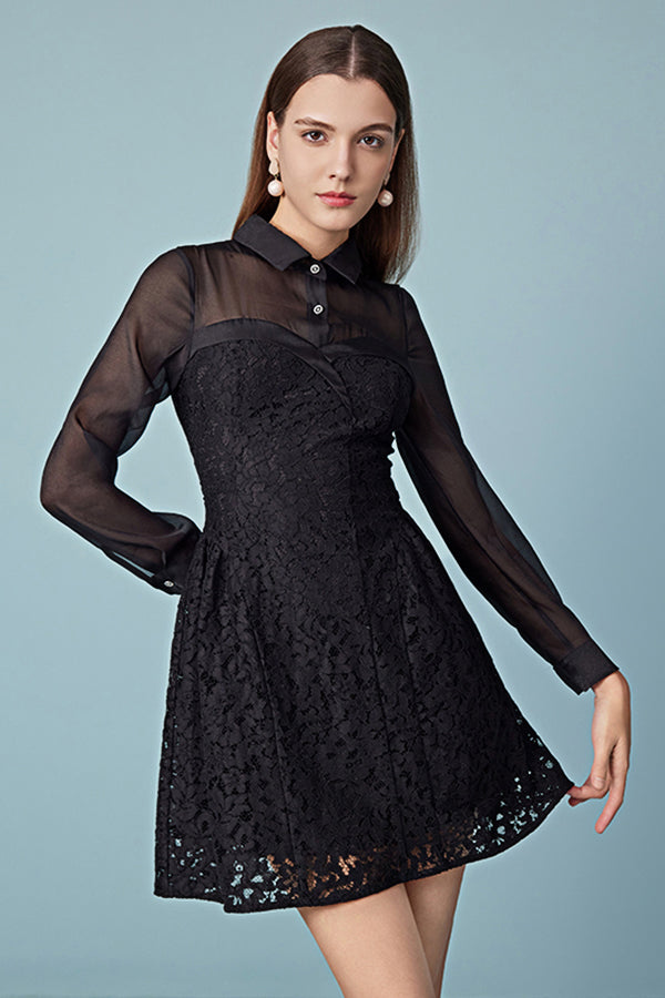 Black A-Line Short Lace Dresses with Long Sleeves