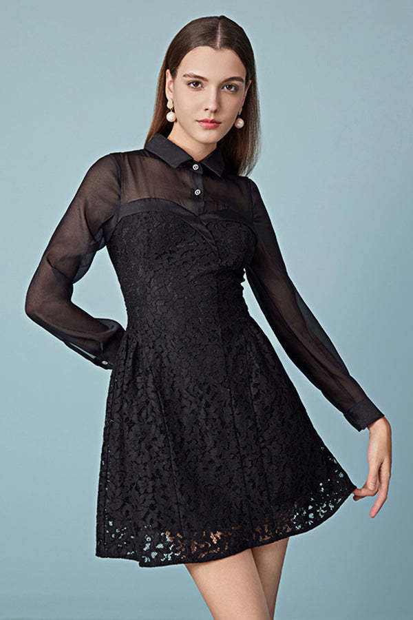 Black A-Line Short Lace Dresses with Long Sleeves
