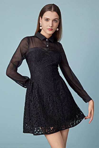 Black A-Line Short Lace Dresses with Long Sleeves