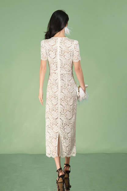 V-Neck Ivory Lace Long Dresses Short Sleeves