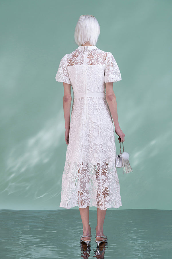 White Short Sleeves Long A-Line Lace Dresses