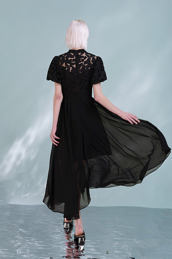 Black A-Line Dresses Short Sleeves with Applique