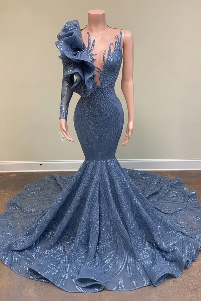 Chic Black Long Sleeve Asymmetrical Floor Length Mermaid Prom Dress