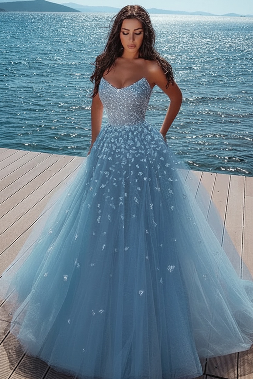 Elegant sky blue Butterfly Strapless Sweetheart Tulle Sparkle Prom Dress
