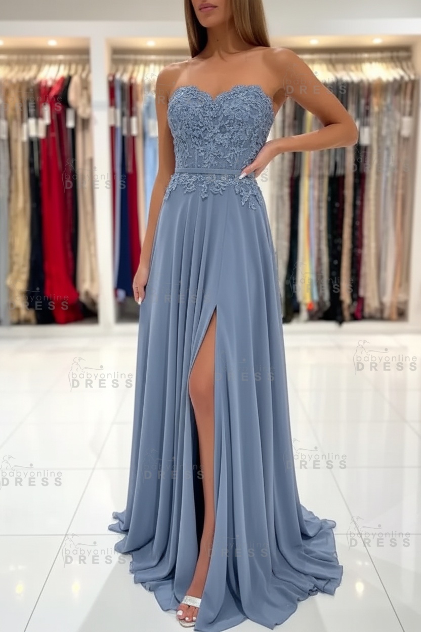 Sweetheart Strapless A-Line Chiffon Floor Length High Split Prom Dress