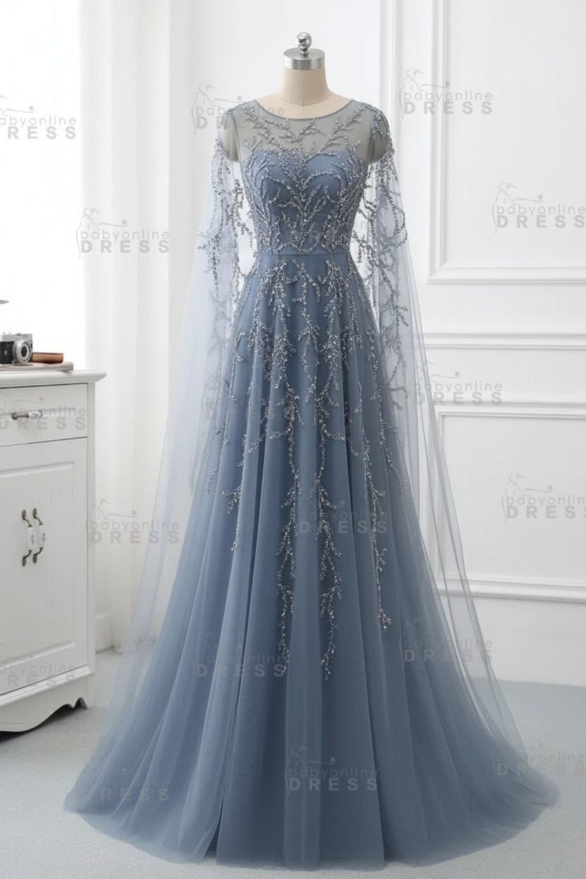 Elegant Jewel Long Sleeves Ruffle Prom Dresses with Beadings Online