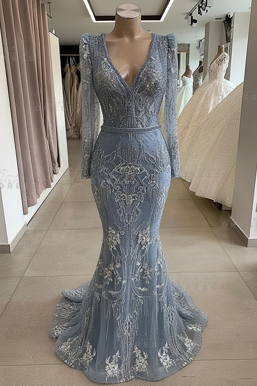 Gorgeous Mermaid Lace Beading V Neck Long Sleeves Prom Dresses | Evening Gowns With Beading Waistband