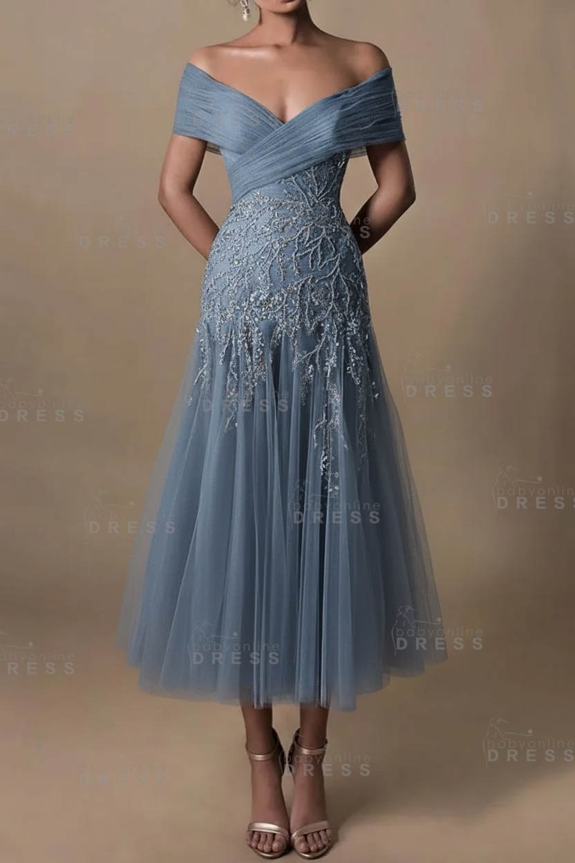 Champagne V-Neck A-Line Tea Length Prom Dress Tulle Mother of the Bride Dress