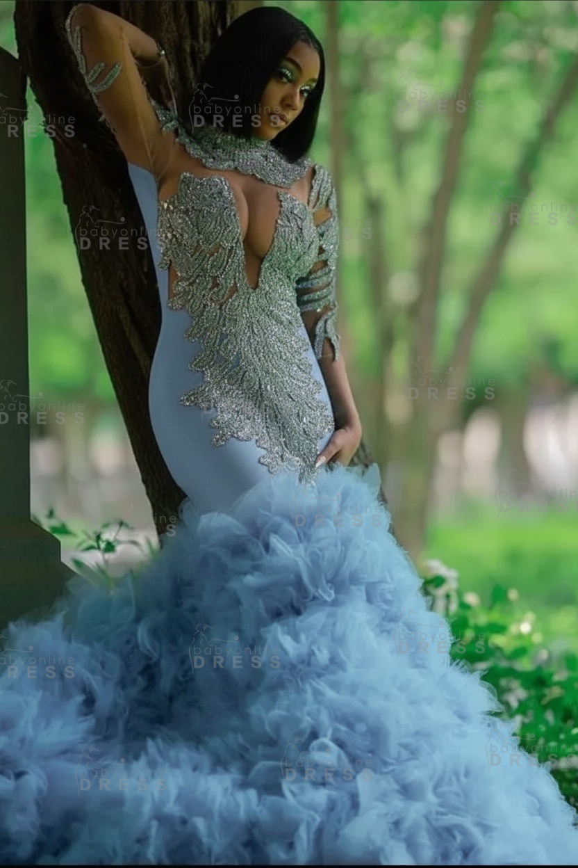 Glamorous Slim Mermaid Evening Gowns with sleeves Beadings Prom Dress